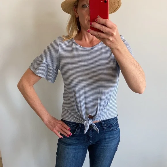 Blue & White Stripe Ruffle Sleeve Top - Picture 2 of 10